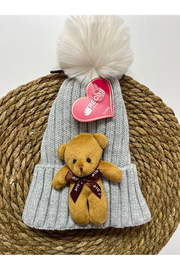 Beanie with Pompom and Plush Teddy Bear ACRYLIC UNISEX HAT