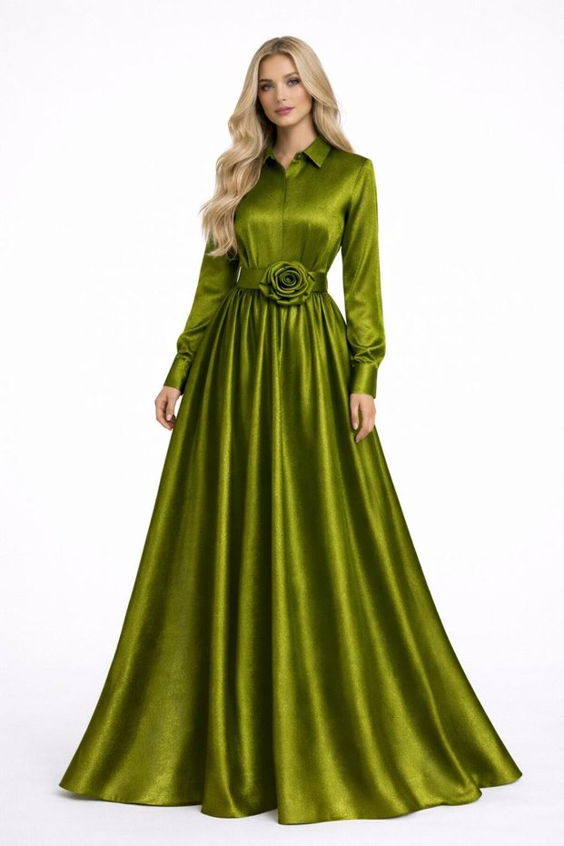 Mobile Belted & Pocket Detailed Maxi Length Taffeta Stylish Shirt Dress Cou-45