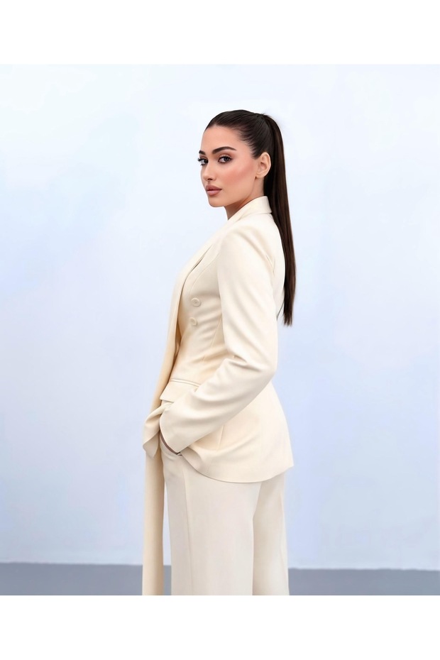 Halter Neck Premium Cream Double-Breasted Jacket Set - 7