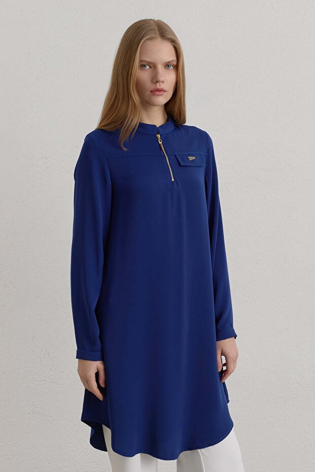 Zipper Detailed High Collar Basic Tunic Indigo - 2