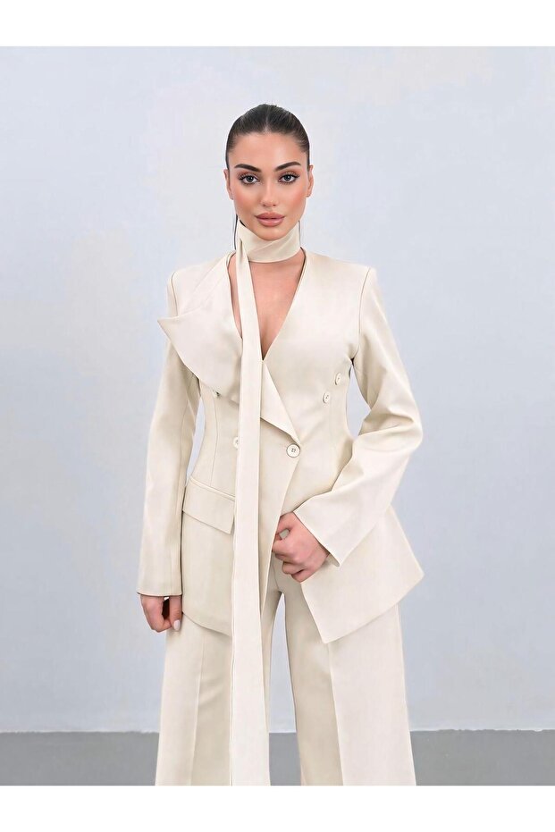 Halter Neck Premium Cream Double-Breasted Jacket Set - 6