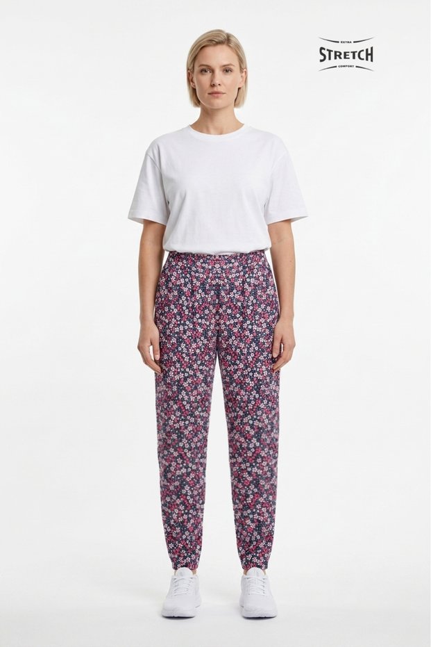 Women's Florina Normal Waist Elastic Waist Floral Printed Narrow Leg Stretchy Combed Cotton Trousers Fuchsia