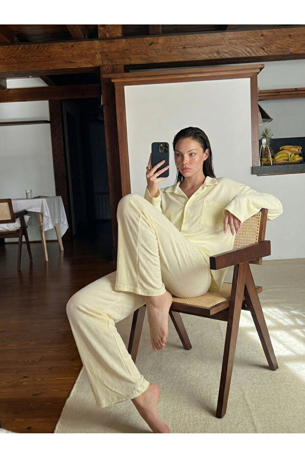 Luna Rib Knit Yellow Long Sleeve Shirt Collar Women's Pajama Set