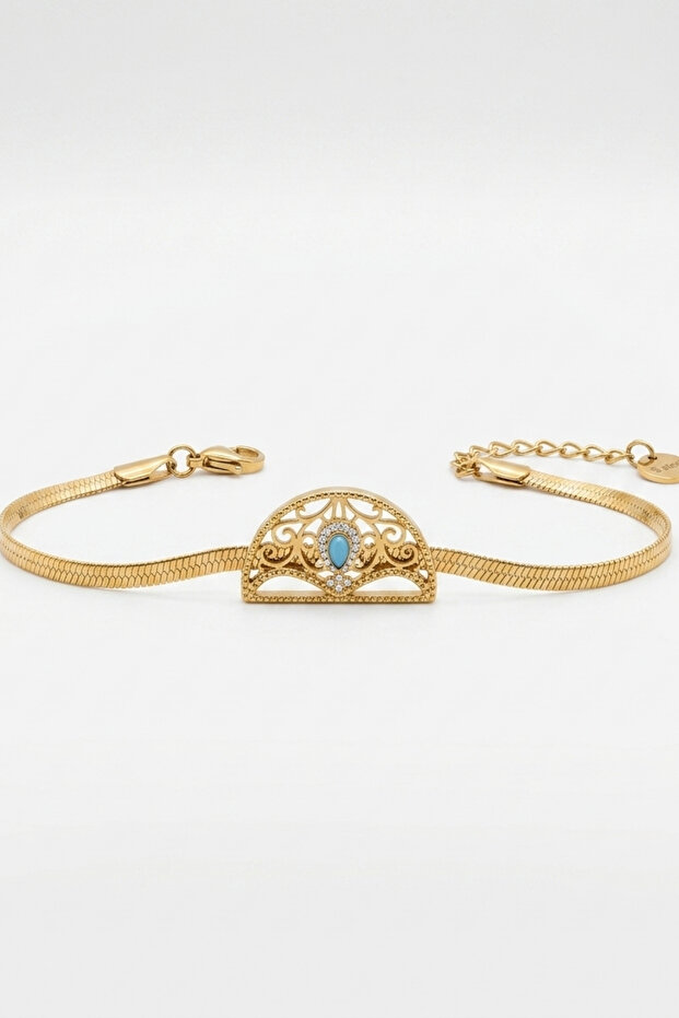 Moon Themed Stone Bead Detailed Ethnic Embellished Steel Bracelet