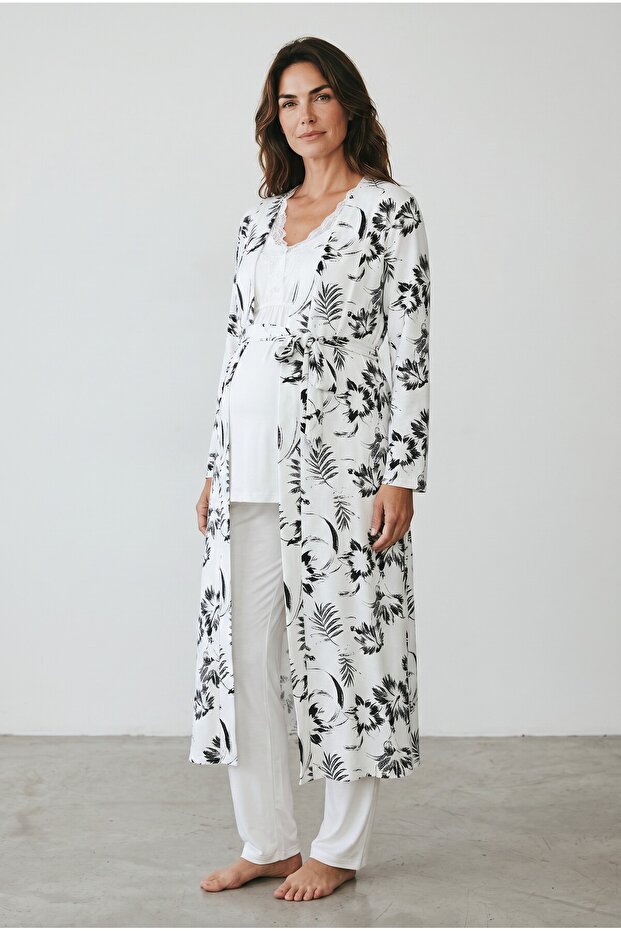 Maternity Set 3-Piece Set - Elegant Lace Maternity Pajama Set - Cotton Set with Dressing Gown and Nursing Features