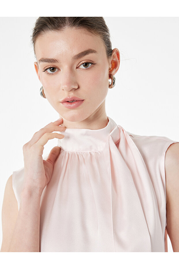 Sleeveless Blouse with Scarf Collar and Tie Detail
