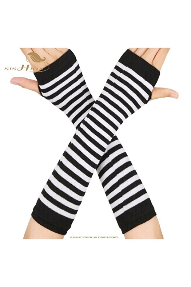Black and White Striped Long Cut Finger Gloves Oversleeve