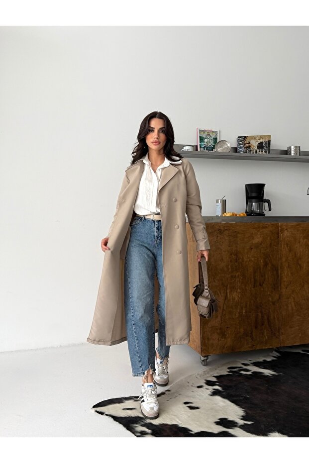 Women's Classic Pocketed Belted Trendy Midi Cream Trench Coat