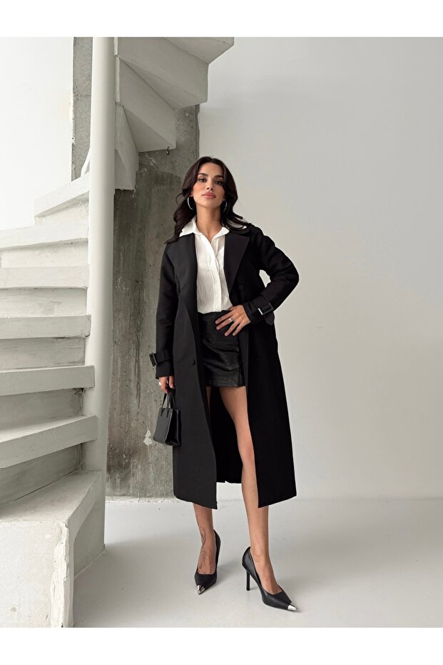 Women's Classic Pocketed Belted Trendy Midi Black Trench Coat