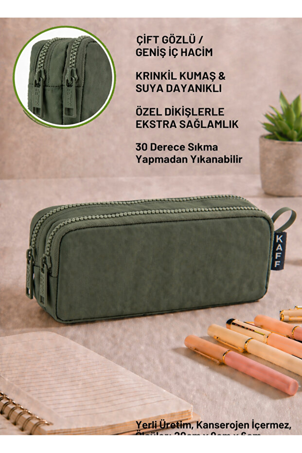 Kaff 01105 New Season Khaki Crinkle Fabric Double Compartment Pen Holder Pencil Case