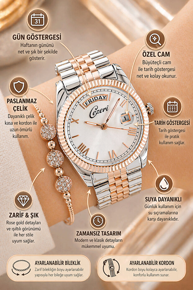 Original Calendars Active Rose Copper White Double Calendar Gift for Lover Wife Mother Women's Wristwatch