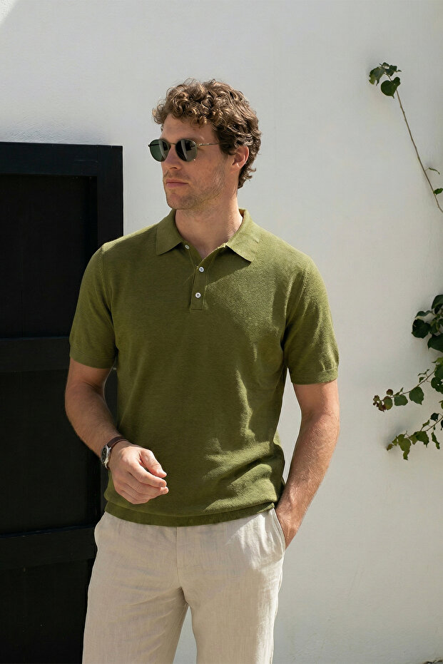 Men's Polo Collar Buttoned Short Sleeve Knitwear T-Shirt Khaki 26S2016