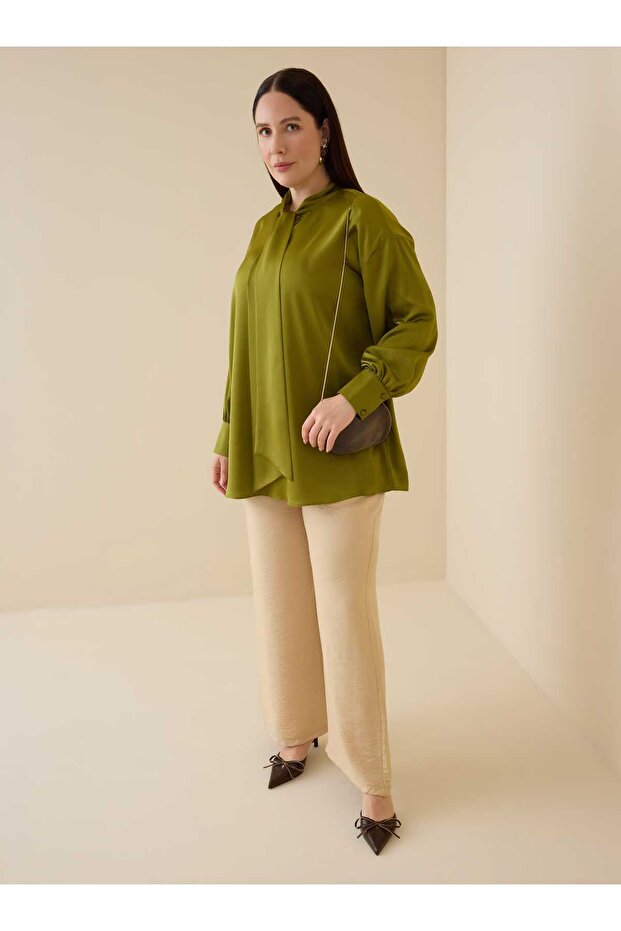 Plus Size Tunic with Tie Detail at the Collar - Olive Green - - Exclusive