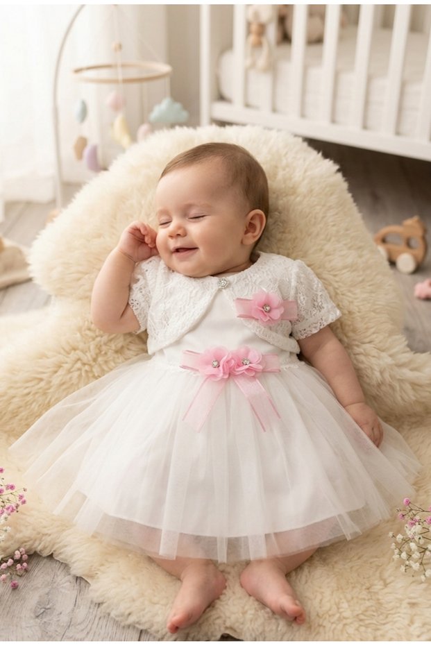 Pink Detailed Lace and Tulle Baby Girl Dress