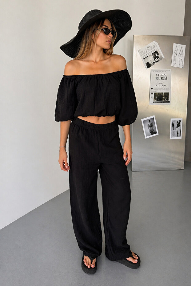 Muslin Fabric Madonna Collar Bottom Top Set