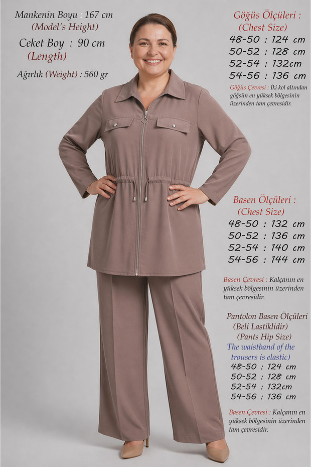 Plus Size Women's Summer High Quality Modal Linen Double Mommy Set Zipper Shirt Pants Comfortable Fit Mink