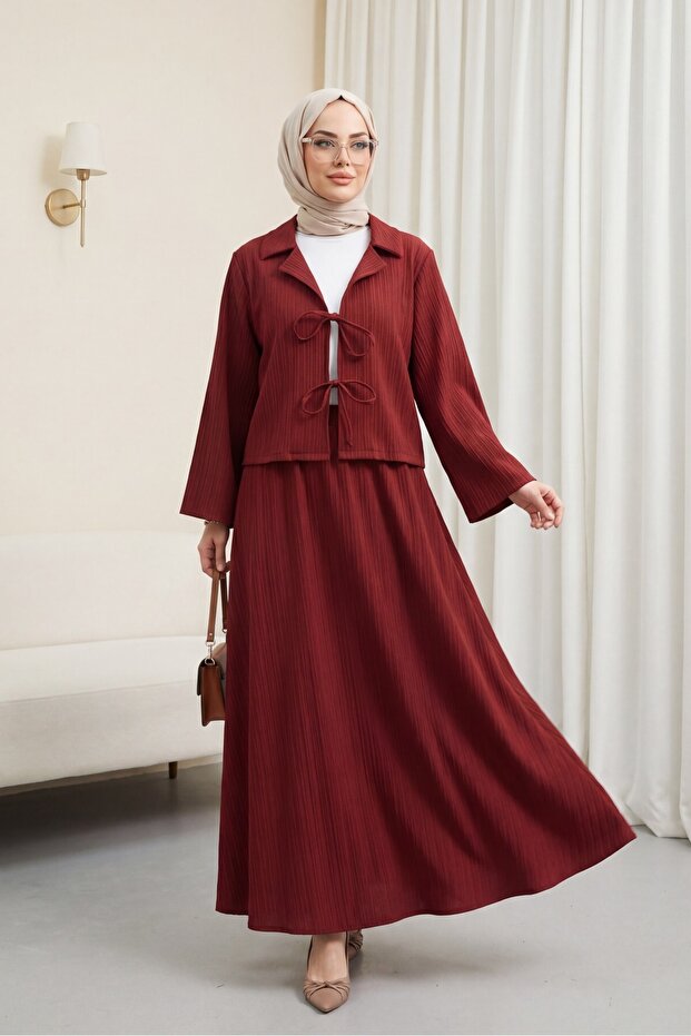 Tie-Front Skirted Crinkle Suit - Burgundy