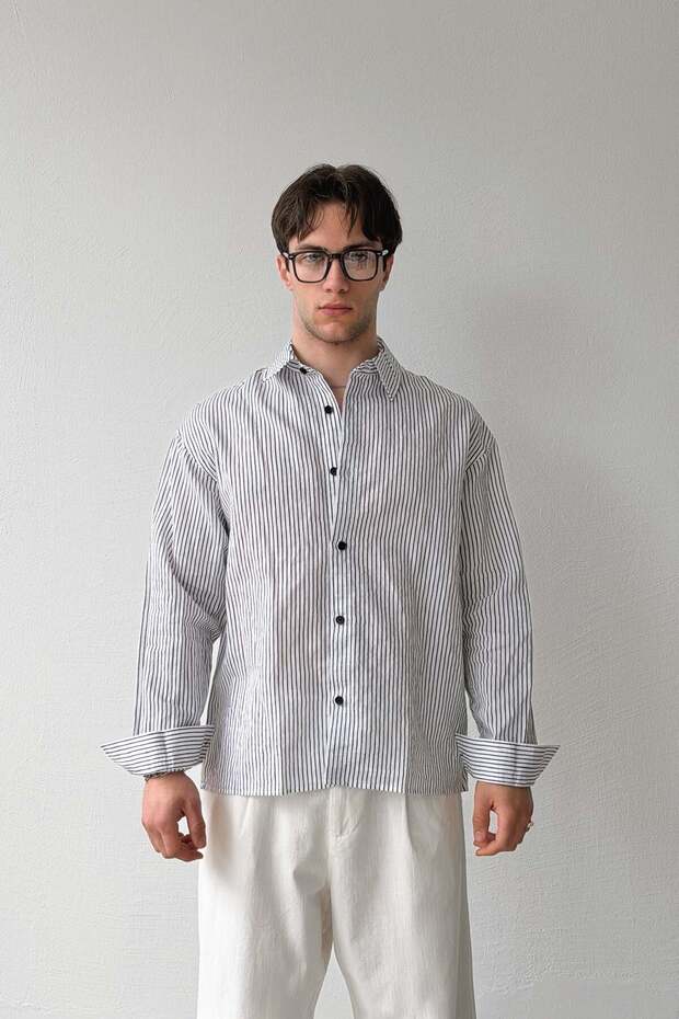 Striped Oversize Black-Ecru Linen Shirt