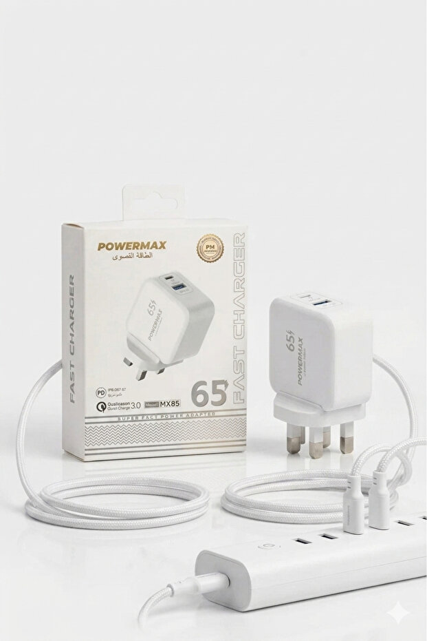 شاحن حائط MX85 65W مزود بمنفذ USB-C مزدوج - محول شحن سريع عالي الأداء بتصميم مدمج باللون الأبيض