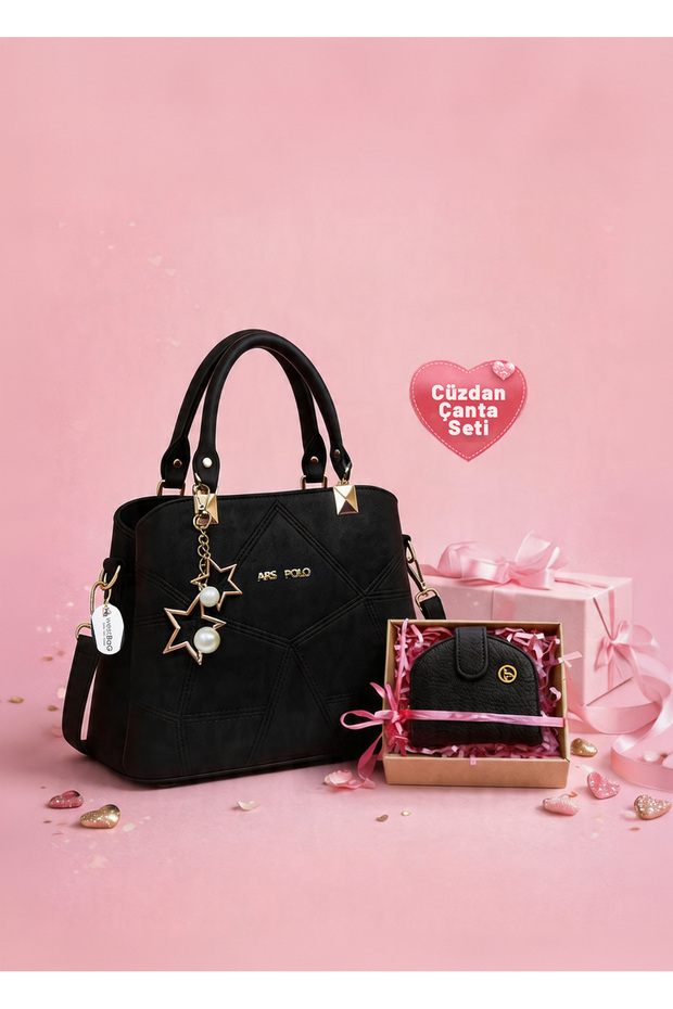 Women's Butterfly Hand and Shoulder Bag, Shoulder Bag with Charm Detail and Textured Wallet Set, Mother's Day Gift