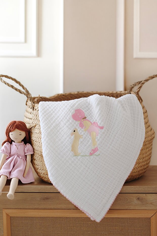 Rabbit and Girl Embroidered Muslin Baby Blanket - 90X90 cm
