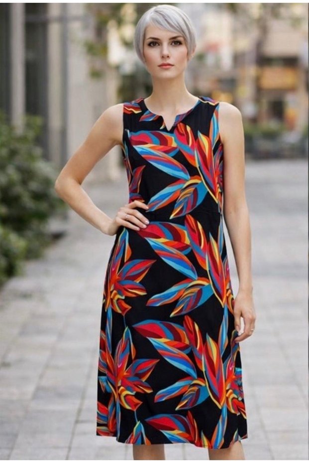 Multi-Colored Patterned Woven Viscose Fabric Strap Casual Dress