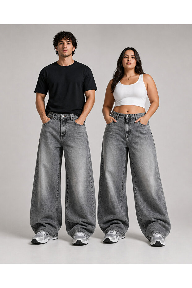 Antique Gray Washed Unisex Large Size Baggy Jeans