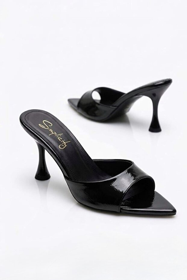 Women's Black Wrinkled Patent Leather High Heel Slippers - Stylish Evening Dress Slippers