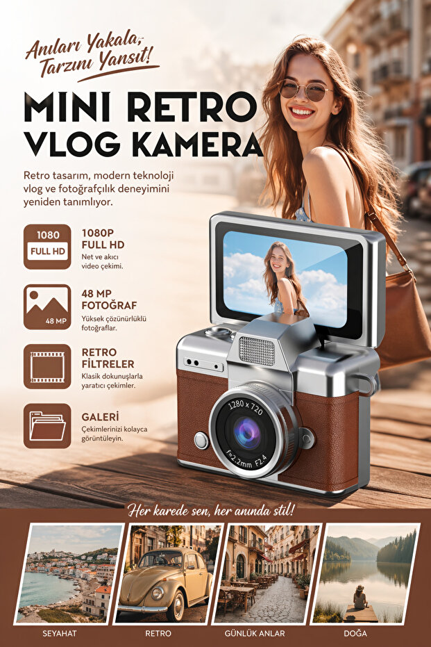 RoseandRoses Mini Kamera Dönen Ekran Flaşlı Selfie Video Vlog Kamerası Anahtarlık 1080P+48MP