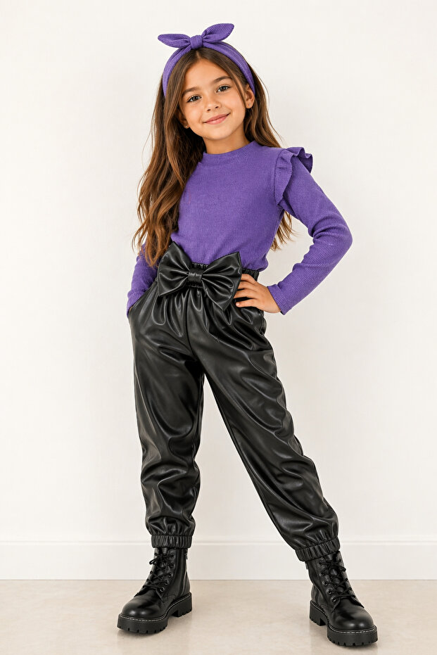 Child, Black Leather Bow Detailed Trousers, Purple Shoulder Ruffle Badi and Headband Set.