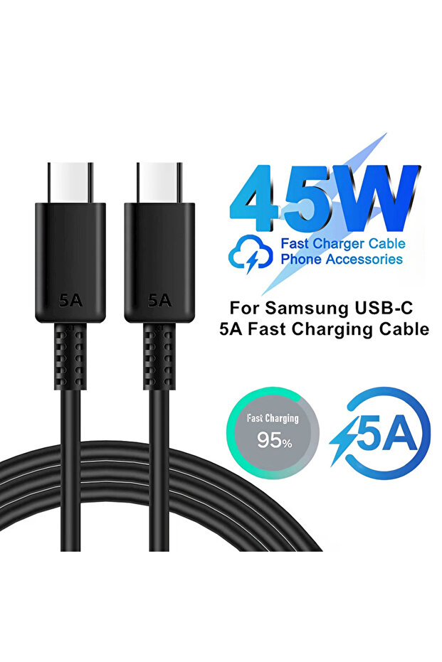 كابل شحن سريع جداً USB-C إلى USB-C بطول 1 متر وقوة 5 أمبير و45 واط لهواتف S22 وS23 وS24 بلس وS25 وS26 ونوت