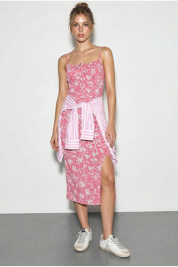 Women's Pink Floral Slit Summer Knitted Dress 70293 60271048