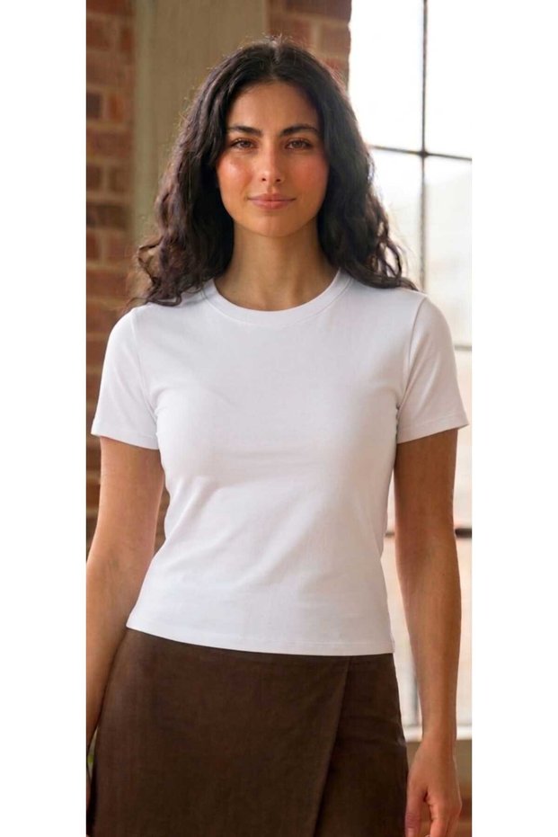 Crew Neck Slim Fit White Women's Basic Cotton Lycra Short Sleeve T-Shirt Combed Cotton T-Shirt