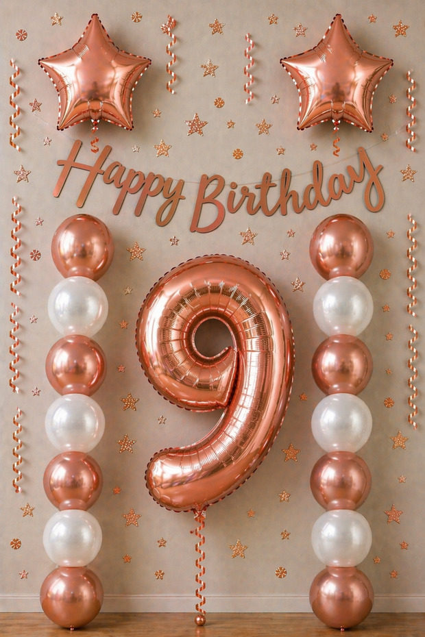 Rose Gold 9Th Birthday Celebration Set; White Gold Balloon, Number Star Foil and Banner