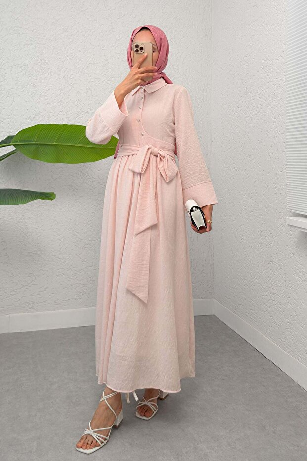 Belted Cross Neck Dress 2304 - Powder