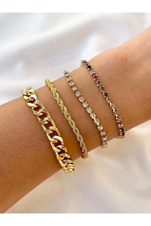 Women's Gold Color 4-Piece Chain-Stone Combination Bracelet