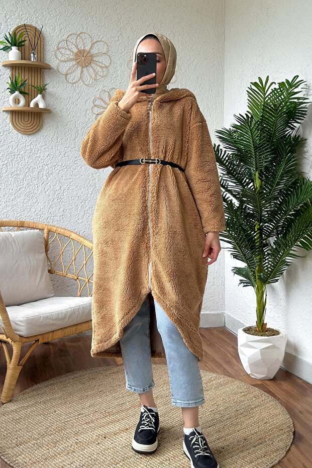 2183 Hooded Long Plush Cap - Camel