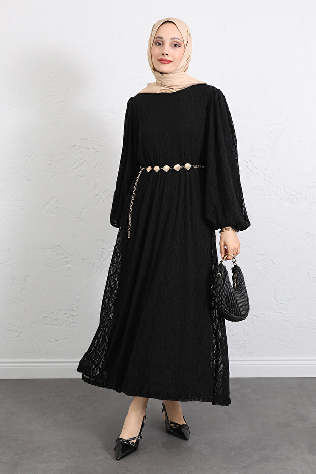 Lace Chain Belted Dress Y0118 - Black