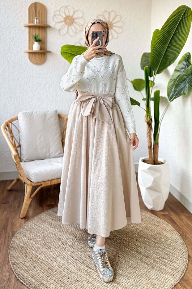 Flared Skirt with Bow Detail 2197 - Stone Color