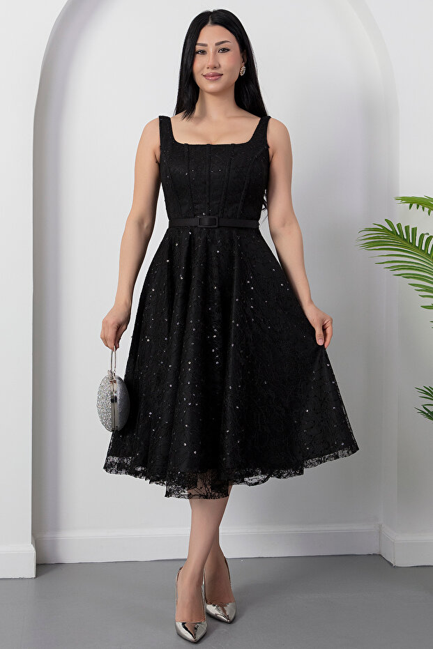 Square Neck Sequined Lace Dress with Gloplu Bal165