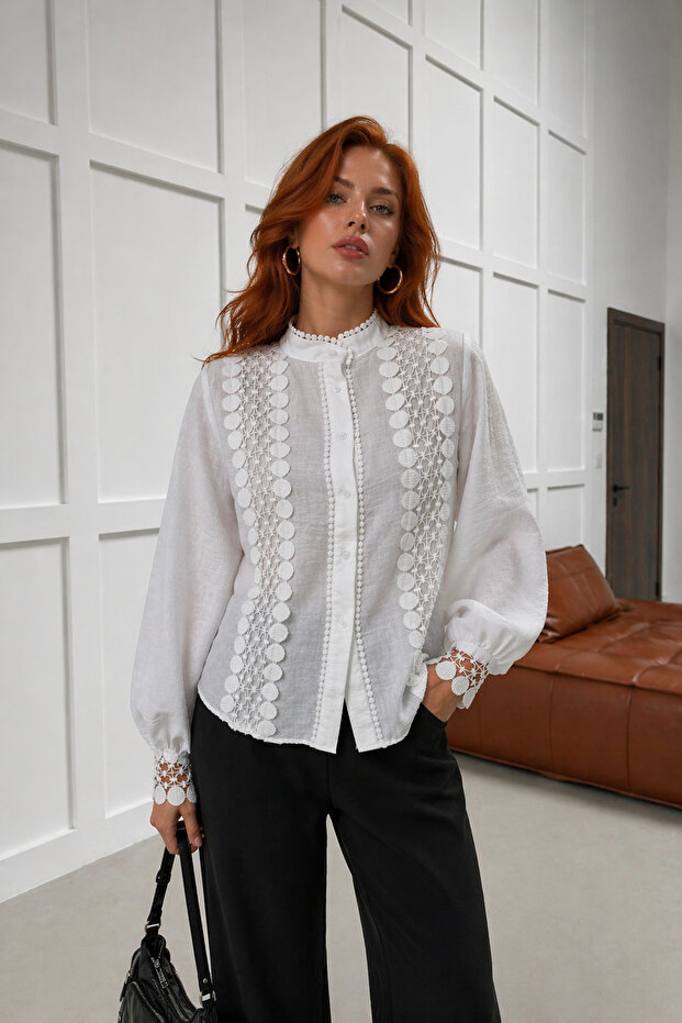 Vintage Lace Detailed Padded White Women's Shirt
