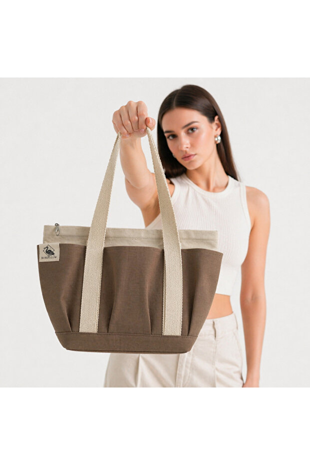 Plusglow Design Series – Camel Premium Canvas Bag - Tote Bag | 9 Pockets - Zippered (40X26X12 cm)