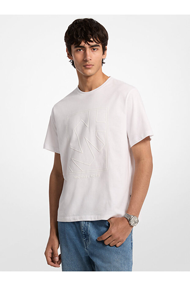 Men's 100% Cotton Logo Detailed Crew Neck Short Sleeve White T-Shirt