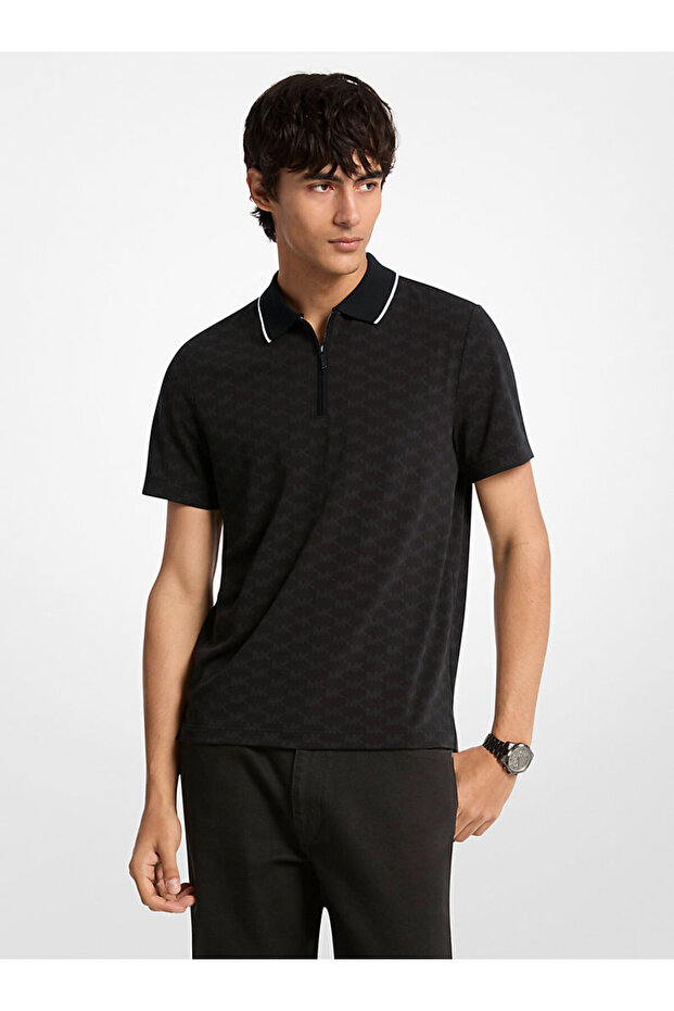 Men's Zipper Closure Short Sleeve Mk Print Patterned Black Polo Collar T-Shirt