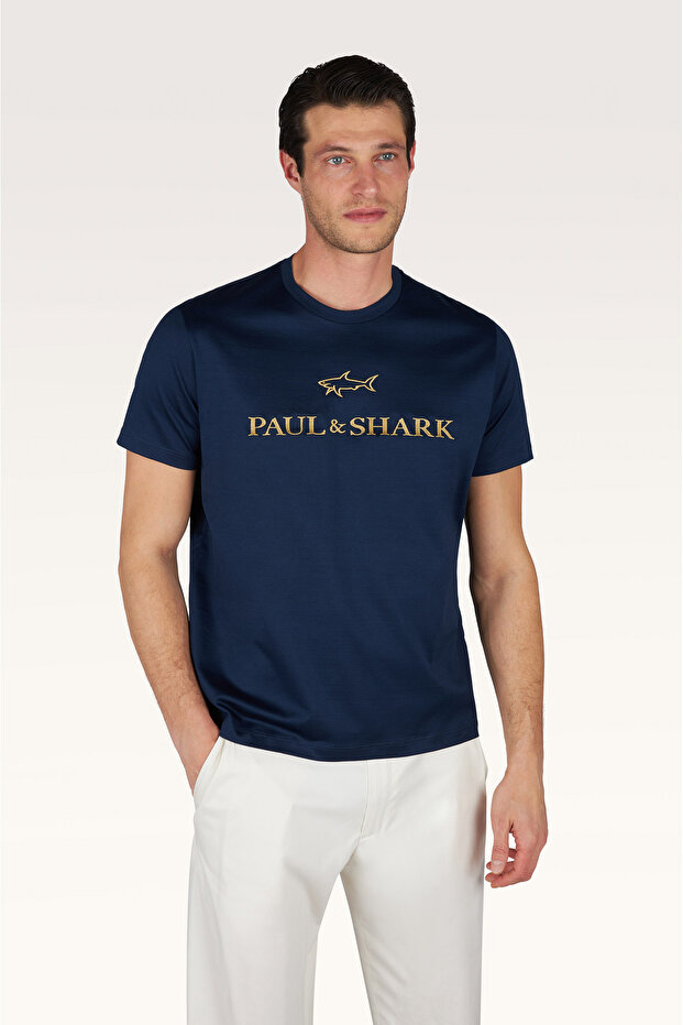 Men's Regular Fit Round Collar Logo Embroidered Cotton Short Sleeve Navy Blue-Gold T-Shirt