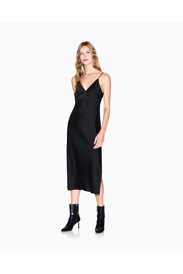 Women's Shiny Satin V-Neck Slit Midi Length Black Dress