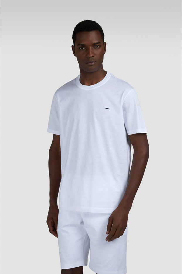 Men's Regular Fit Ribbed Collar Metallic Logo Detailed Cotton Short Sleeve White T-Shirt