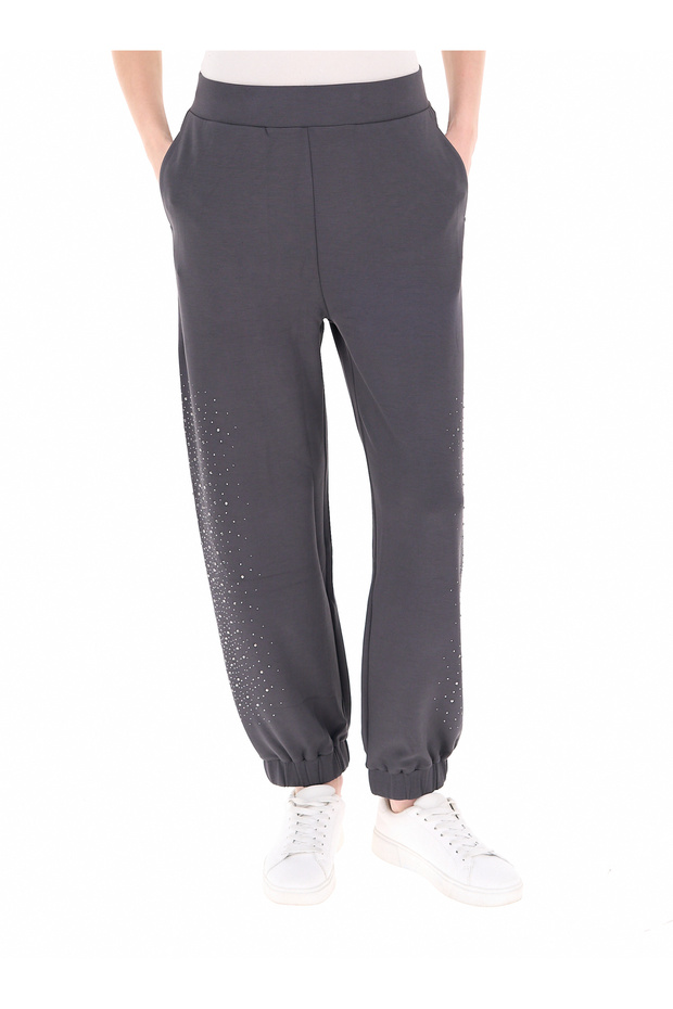 Women's Modal Blend Gray Sweatpants with Elastic Waist and Cuffs and Stone Embellishment Detail
