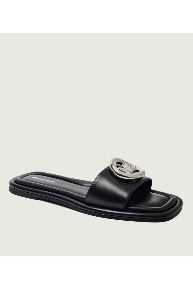 Women's Metallic Logo Detailed Comfortable Sole Leather Black Slippers