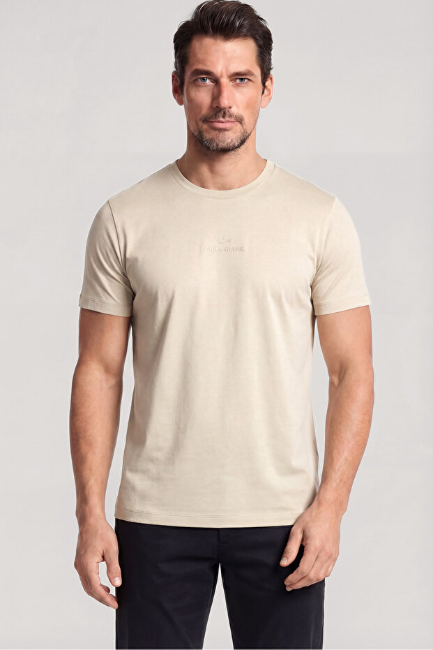 Men's Regular Fit Round Collar Cotton Logo Embroidered Short Sleeve Beige T-Shirt
